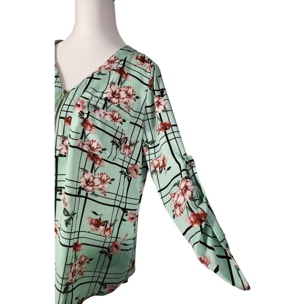 WishFull Park‎ Women's Floral Cool Green Plaid Blouse Size L - Picture 7 of 9